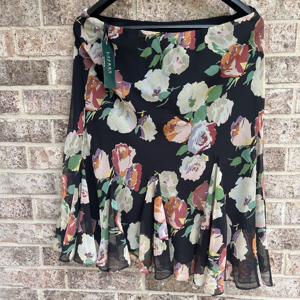 NWT Lauren Ralph Lauren Floral Chiffon Skirt L Black Boho Cottagecore Grunge